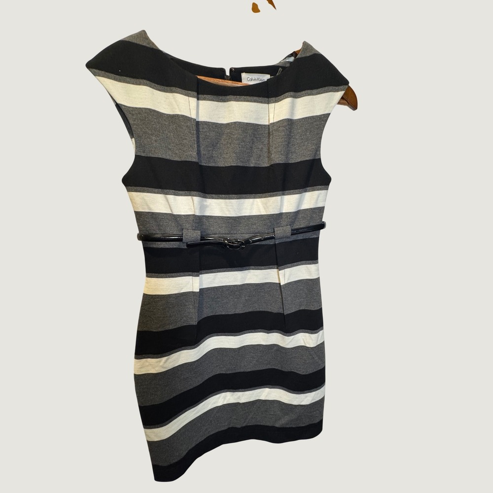 Calvin Klein Womens Striped Belted Sheath Dress Black Grey White Size 4